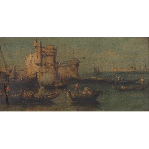 419 - A busy scene with gondolas in Venice, 18th/19th century oil on canvas, unsigned, 16cm x 29cm, framed