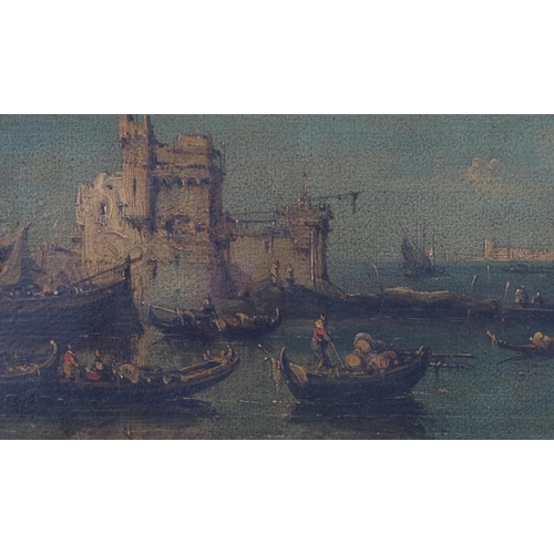 419 - A busy scene with gondolas in Venice, 18th/19th century oil on canvas, unsigned, 16cm x 29cm, framed