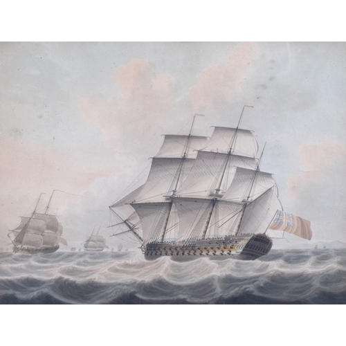 420 - Samuel Atkins (circa 1787 - 1808), British battleship off the coast, watercolour, 35cm x 47cm, frame... 