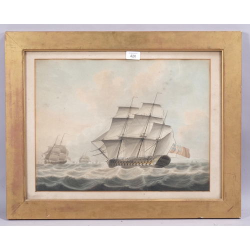 420 - Samuel Atkins (circa 1787 - 1808), British battleship off the coast, watercolour, 35cm x 47cm, frame... 