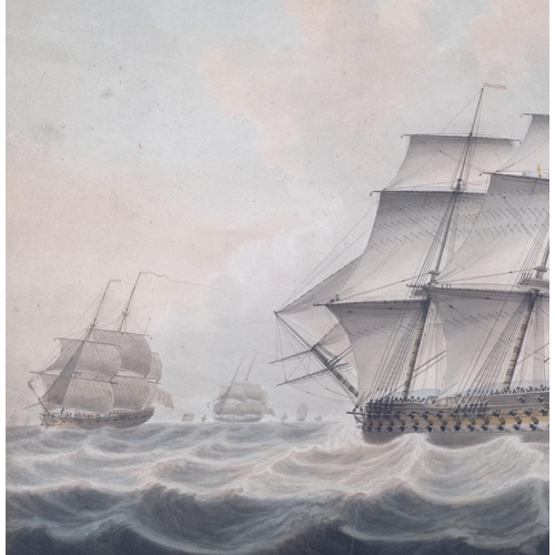 420 - Samuel Atkins (circa 1787 - 1808), British battleship off the coast, watercolour, 35cm x 47cm, frame... 