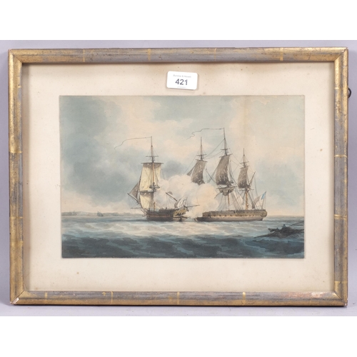 421 - 18th century English School, dramatic sea battle scene with peppered sails, indistinctly signed WJ..... 