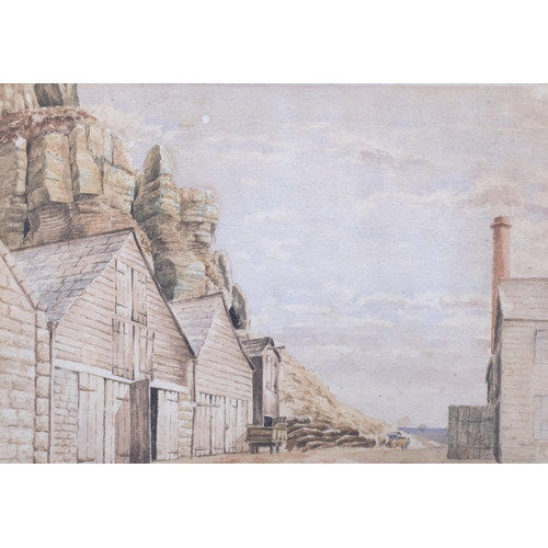 422 - Hastings net huts, 19th century watercolour, signed with monogram RC, dated '62, 25cm x 35cm, framed