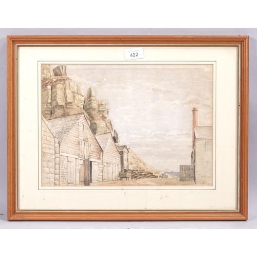 422 - Hastings net huts, 19th century watercolour, signed with monogram RC, dated '62, 25cm x 35cm, framed