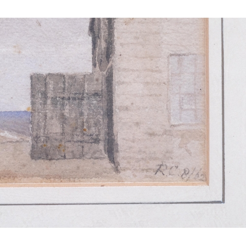 422 - Hastings net huts, 19th century watercolour, signed with monogram RC, dated '62, 25cm x 35cm, framed