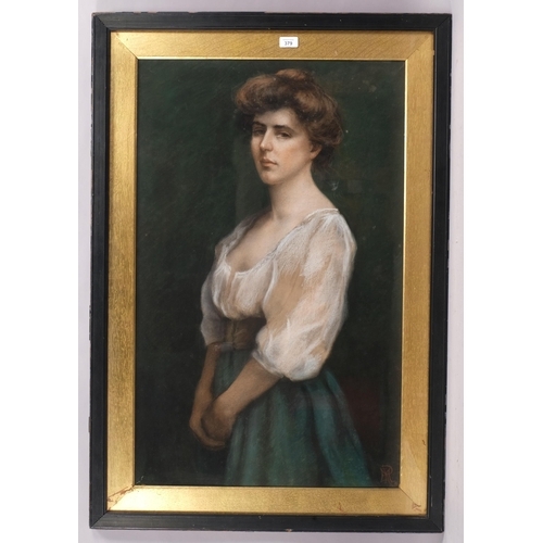 379 - Portrait of a woman, circa 1900, coloured pastels, signed with monogram, 90cm x 55cm, framed