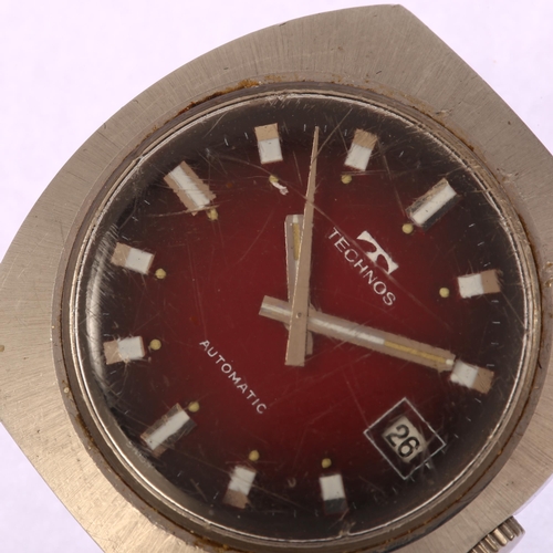 1016 - TECHNOS - a stainless steel automatic wristwatch head, ref. 10182, circa 1970s, red ombre dial with ... 