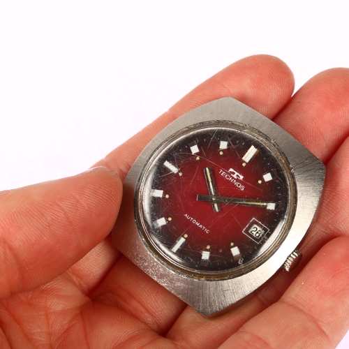 1016 - TECHNOS - a stainless steel automatic wristwatch head, ref. 10182, circa 1970s, red ombre dial with ... 