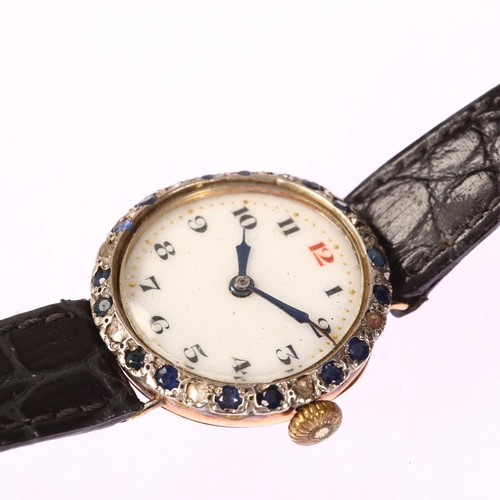 1023 - An early 20th century lady's 9ct rose gold and silver sapphire and diamond mechanical wristwatch, wh... 