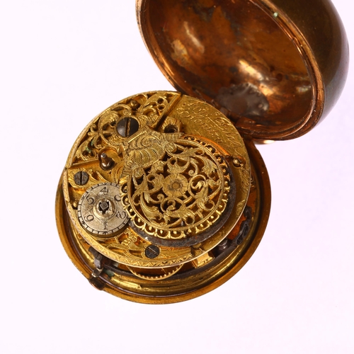 1036 - An 18th century brass open-face key-wind verge pocket watch, by Francis Pile of Honiton, white ename... 