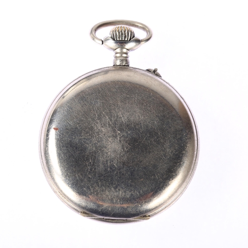 1038 - A stainless steel open-face keyless pocket watch, by Thiel, white enamel dial with Arabic numerals, ... 