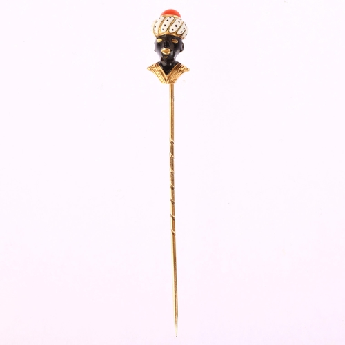 1103 - A 19th century coral and polychrome enamel Blackamoor stickpin, unmarked 14ct gold settings, head he... 