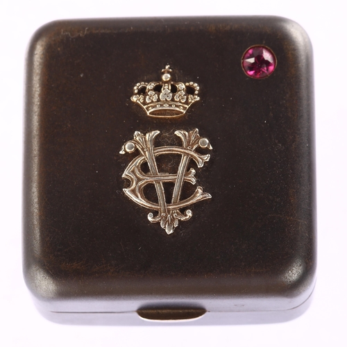 1105 - ROYAL INTEREST - an early 20th century gun-metal silver and pink tourmaline square pillbox, by Ugo F... 