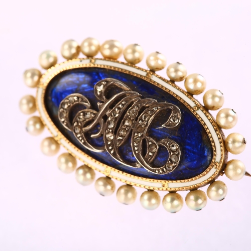 1106 - An Antique diamond pearl and enamel brooch, unmarked gold closed-back settings in oval form, decorat... 