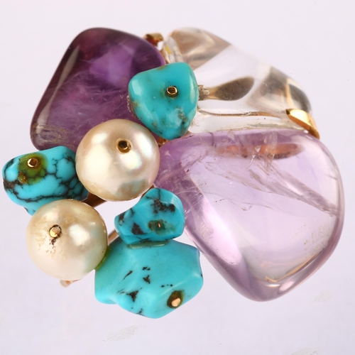 1114 - A French 18ct gold gem set brooch, maker's marks RS, set with rock crystal quartz amethyst turquoise... 