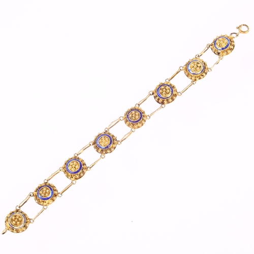 1115 - A Portuguese silver-gilt blue enamel panel bracelet, with cannetille decoration and double links, ma... 