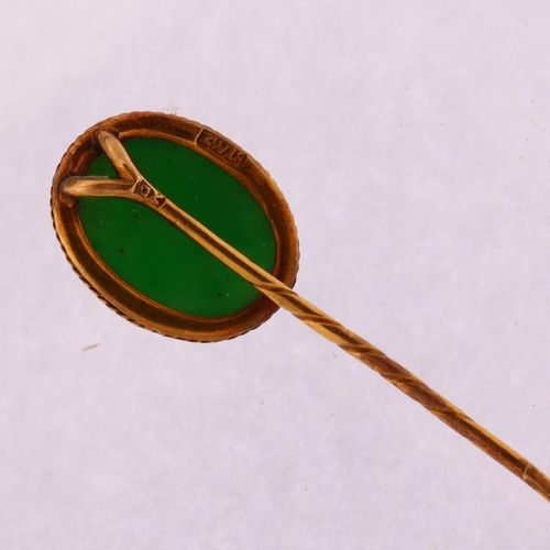 1117 - A Chinese 18ct gold jadeite jade stickpin, maker's marks ZW, set with oval cabochon jade of 3.5ct, j... 