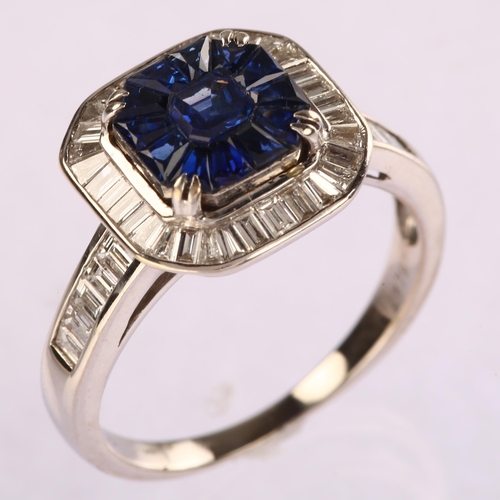 1119 - An Art Deco style 18ct white gold sapphire and diamond halo cluster ring, set with octagonal and tra... 