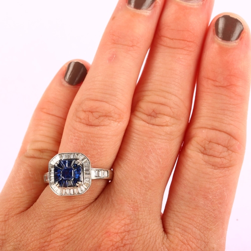 1119 - An Art Deco style 18ct white gold sapphire and diamond halo cluster ring, set with octagonal and tra... 