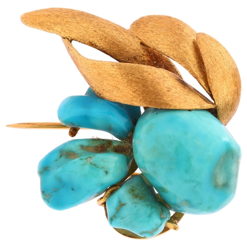 1120 - A mid-20th century French 18ct gold turquoise abstract brooch, by Ricard, the gold feather settings ... 