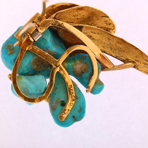 1120 - A mid-20th century French 18ct gold turquoise abstract brooch, by Ricard, the gold feather settings ... 