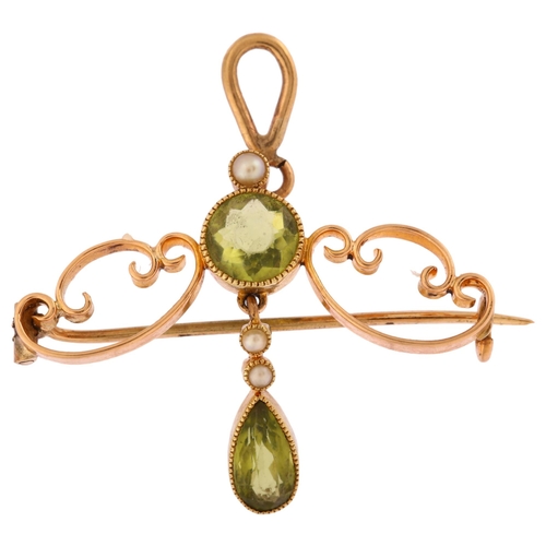 1123 - An Art Nouveau peridot and pearl openwork pendant/brooch, unmarked gold set with pear and round-cut ... 