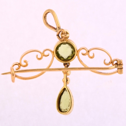 1123 - An Art Nouveau peridot and pearl openwork pendant/brooch, unmarked gold set with pear and round-cut ... 