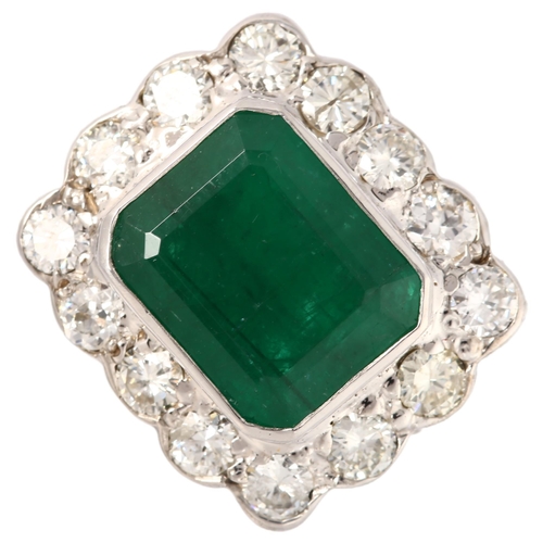 1124 - A large mid-20th century 18ct white gold emerald and diamond rectangular cluster ring, set with 6ct ... 