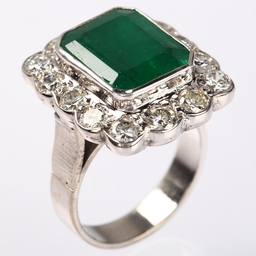 1124 - A large mid-20th century 18ct white gold emerald and diamond rectangular cluster ring, set with 6ct ... 