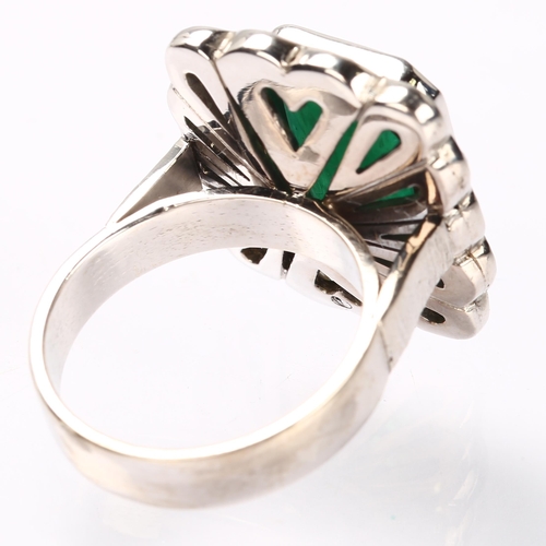 1124 - A large mid-20th century 18ct white gold emerald and diamond rectangular cluster ring, set with 6ct ... 