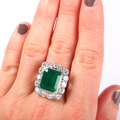 1124 - A large mid-20th century 18ct white gold emerald and diamond rectangular cluster ring, set with 6ct ... 