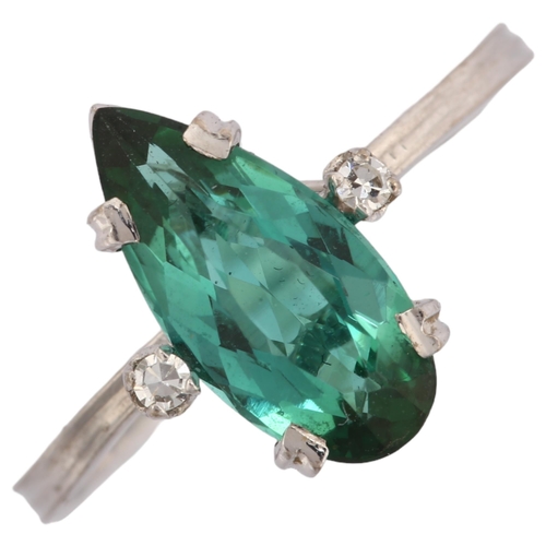 1125 - A modern 18ct white gold green tourmaline and diamond ring, set with long pear-cut tourmaline and si... 