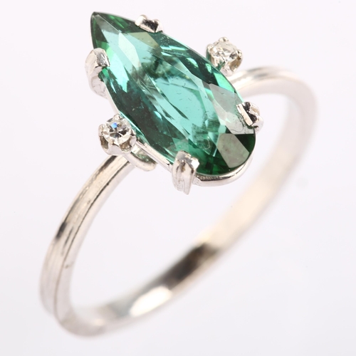 1125 - A modern 18ct white gold green tourmaline and diamond ring, set with long pear-cut tourmaline and si... 