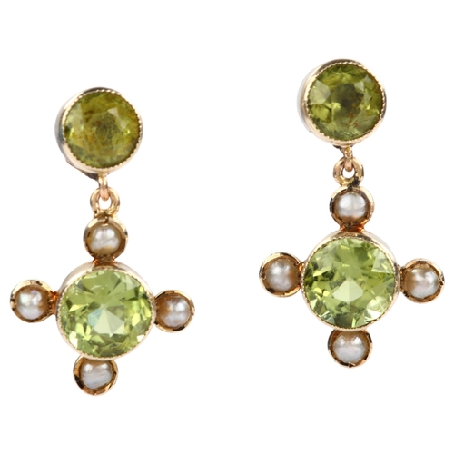 1128 - A pair of Edwardian 9ct gold peridot and pearl drop earrings, in quatrefoil form with stud fittings,... 