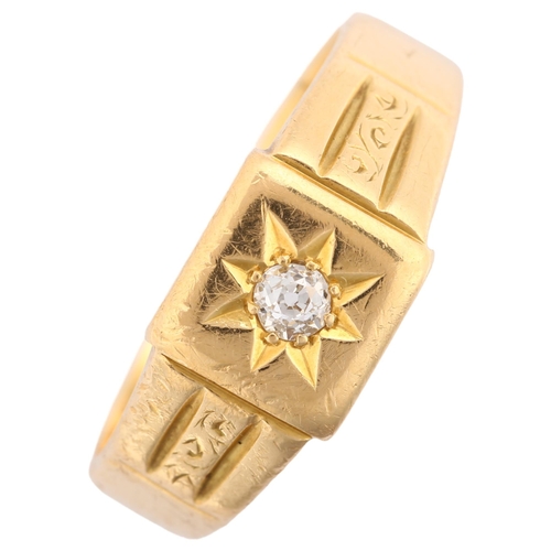 1129 - An early 20th century 18ct gold 0.15ct solitaire diamond signet ring, star set with old European-cut... 