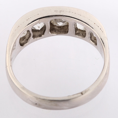 1132 - A graduated five stone diamond half hoop ring, unmarked white metal settings with old-cut diamonds, ... 