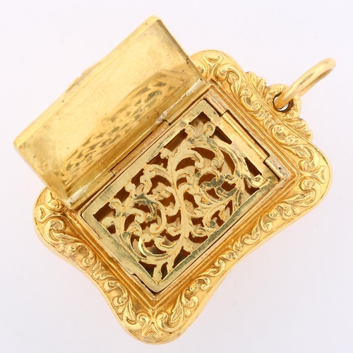 1134 - An Antique gold vinaigrette pendant, unmarked high carat gold settings with engine turned lid and ba... 