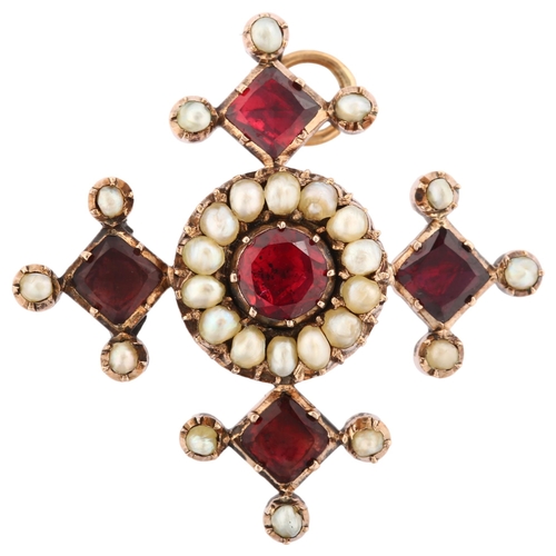 1135 - A Georgian garnet and split pearl quatrefoil pendant, circa 1820, unmarked rose metal closed-back se... 