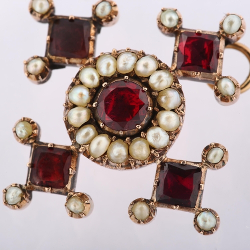 1135 - A Georgian garnet and split pearl quatrefoil pendant, circa 1820, unmarked rose metal closed-back se... 