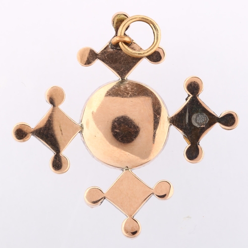 1135 - A Georgian garnet and split pearl quatrefoil pendant, circa 1820, unmarked rose metal closed-back se... 