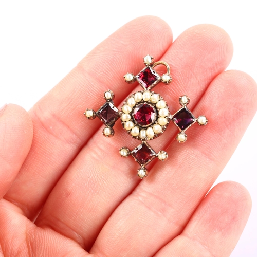 1135 - A Georgian garnet and split pearl quatrefoil pendant, circa 1820, unmarked rose metal closed-back se... 