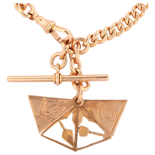 1136 - An Antique 9ct rose gold curb link Albert chain bracelet, with 9ct Masonic fan fob, T-bar and dog cl... 