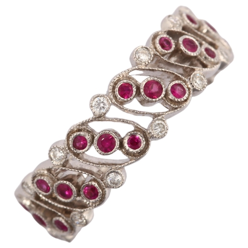 1142 - LUKE STOCKLEY - an 18ct white gold ruby and diamond full eternity ring, in Art Deco style, pierced o... 