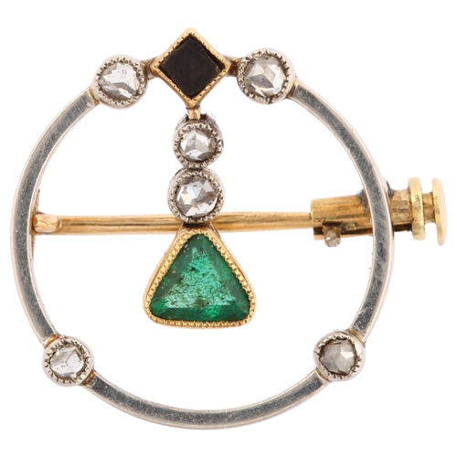 1143 - A French Art Deco emerald onyx and diamond circular openwork brooch, gold settings with triangular s... 