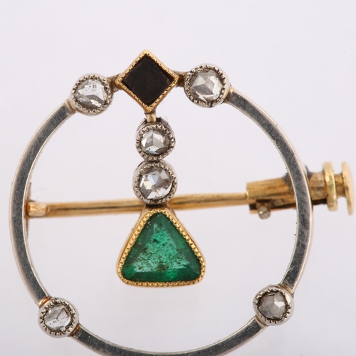 1143 - A French Art Deco emerald onyx and diamond circular openwork brooch, gold settings with triangular s... 