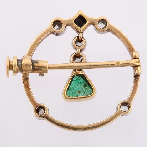 1143 - A French Art Deco emerald onyx and diamond circular openwork brooch, gold settings with triangular s... 