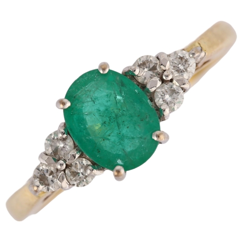 1151 - An 18ct gold emerald and diamond dress ring, maker CPM, prong set with oval mixed-cut emerald of app... 