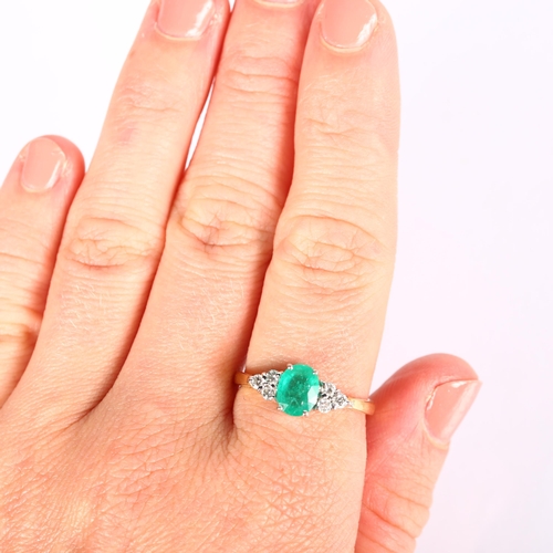 1151 - An 18ct gold emerald and diamond dress ring, maker CPM, prong set with oval mixed-cut emerald of app... 