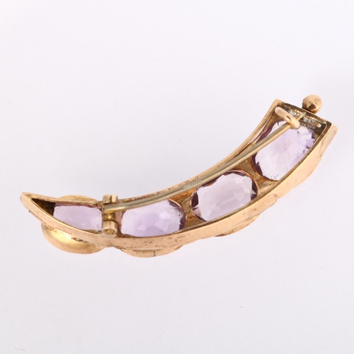 1153 - An Antique amethyst cornucopia brooch, unmarked gold settings with oval mixed-cut amethysts, 44.6mm,... 