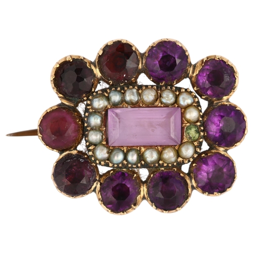 1157 - A Georgian amethyst and pearl cluster memorial brooch, circa 1810, unmarked gold closed-back setting... 